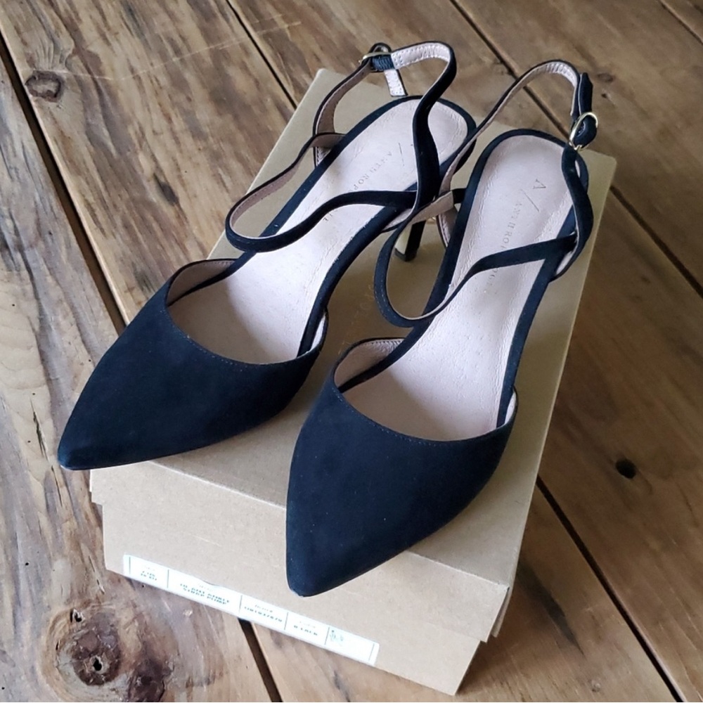 Anthropologie Black Suede Ankle Strap Pumps Size 7